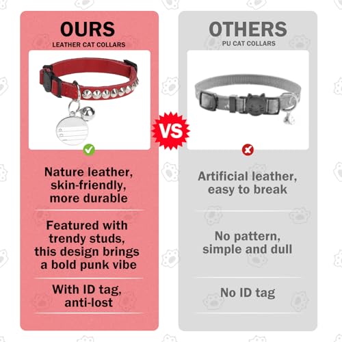 Leather Personalized Breakaway Cat Collar with Studded Bell and Safety Quick Release Buckle - Rivets Studded ID DIY Collars for Boy Girl Cats Kittens, 9" - 11.5" Red - color: Red, size: 9"-11.5"