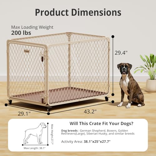 42 Inch Dog Crate with Lockable Wheel, Diamond Mesh Metal Dog Kennel Cage with Double Secure Latch & Leak-Proof Tray, Escape-Proof Dog Crates for Large Dogs Breeds, Dogs up to 200 lbs - size: 43.2"L x 29.1"W x 29.4"H