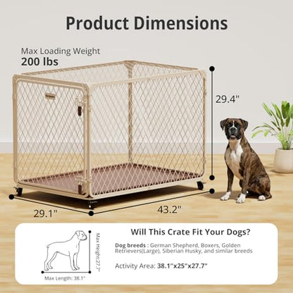 42 Inch Dog Crate with Lockable Wheel, Diamond Mesh Metal Dog Kennel Cage with Double Secure Latch & Leak-Proof Tray, Escape-Proof Dog Crates for Large Dogs Breeds, Dogs up to 200 lbs - size: 43.2"L x 29.1"W x 29.4"H