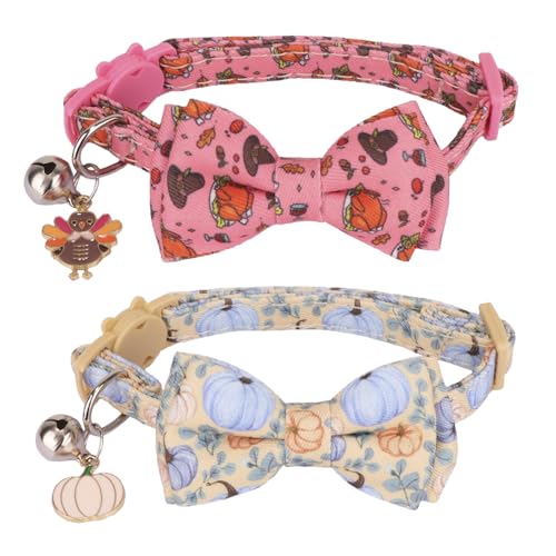 PTDECOR Thanksgiving Cat Collar Breakaway with Bow Tie Bell, Turkeys and Pumpkins Pattern Collar, Thanksgiving Bowtie Collars for Cats Kittens - color: Thanksgiving-1