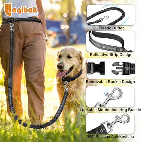 Laqibak Hands Free Dog Leash, Adjustable Waist Leash for Dog Walking, Dual Bungee 4.2-6.7 Feet Long with Reflective Stitches for Walking Hiking Running, Fits 26"- 43" Inch Waist, Black - color: Black