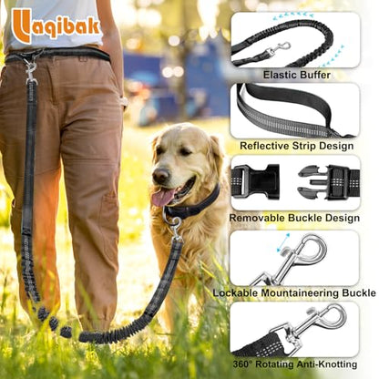 Laqibak Hands Free Dog Leash, Adjustable Waist Leash for Dog Walking, Dual Bungee 4.2-6.7 Feet Long with Reflective Stitches for Walking Hiking Running, Fits 26"- 43" Inch Waist, Black - color: Black