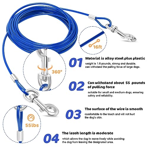 Relux Dog Tie Out Cable and Stake,16 Inch Heavy Duty Dog Anchor Spiral Stake for Small to Medium Dogs (Blue-16FT 2Pack) - color: Blue-16FT 2Pack