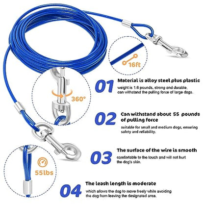 Relux Dog Tie Out Cable and Stake,16 Inch Heavy Duty Dog Anchor Spiral Stake for Small to Medium Dogs (Blue-16FT 2Pack) - color: Blue-16FT 2Pack