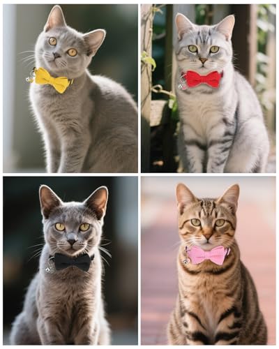 Cat Collar Breakaway with Bells, Soft Cotton Green Cat Bowtie Collar for Girl Boy Cats, Small Cats Collar with Bow for Spring Summer,2 Pack Cute Kitten Collars with Removable Bowtie 8-12Inch - color: Mustard Yellow + Forest Green