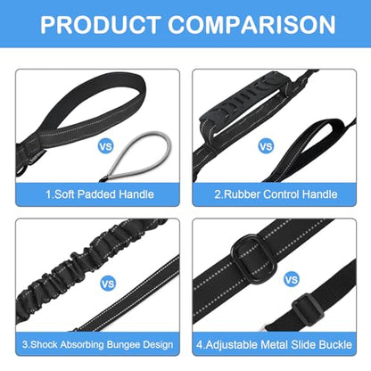 Heavy Duty Dog Leash for Medium Large Dogs,4-6FT Shock Absorbing Bungee Tactical Dog Leash with Control Padded Handle and Car Seatbelt, Reflective Lead for Walking Training,Black - color: Black