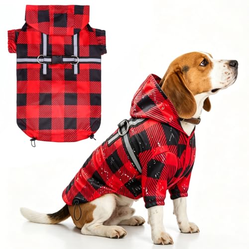 BEAUTYZOO Dog Raincoat Hooded with Harness Built-in, Slicker Poncho, Waterproof Dog Rain Coat for Winter Rainy Snowy Days, Buffalo Red, L - color: Buffalo Red, size: L(Back 18.1", Chest 25.5", Neck 18")