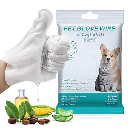 Pet Glove Wipes for Dogs Cats, Dog Cleaning Gloves, Dog Wipes Cleaning Deodorizing, Pet Wipes for Dogs Cats, Extra Thick, Unscented Rinse Free Nourish Fur Glove Wipes for Daily Care and Traveling-6pcs