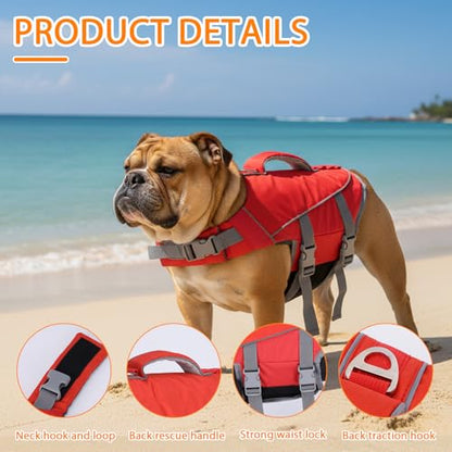 Geyecete Dog Life Vest for Swimming with Handle Dog Life Jacket Adjustable for Swimming, Boating,and Water Safety, High-Buoyancy,Orange with Red-S - size: Small