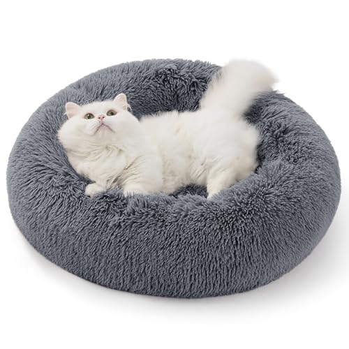 Bedsure Calming Donut Cat Bed - Fluffy Plush Round Pet Bed for Kitten & Puppy, Washable Anti-Anxiety Soft Comfy Cuddler, 20x20 Inches, Grey (Basic Version) - color: Grey, size: 20x20x5