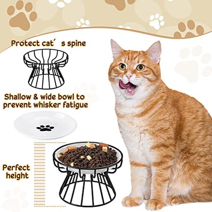 Roshtia 4 Sets Elevated Cat Bowls Ceramic Raised Cat Food Bowls with Metal Stand Dishwasher Safe Dishes Non Slip Elevated Food Plate(Black,Paw) - color: Black