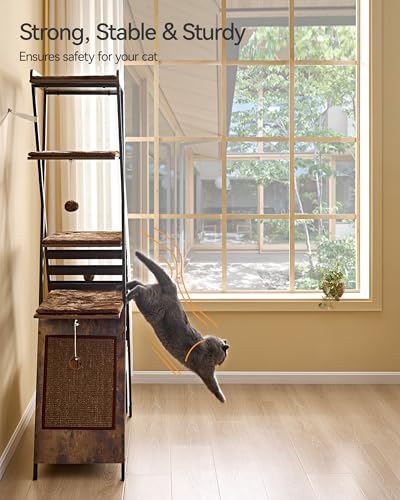 FourFurPets 72.4" Modern Cat Tower for Indoor Cats - Multi-Level Condo With Caves, Tall Tree With Scratching Board, Wooden Tower With Large Perch, Removable Pads, Rustic Brown - color: Rustic Brown