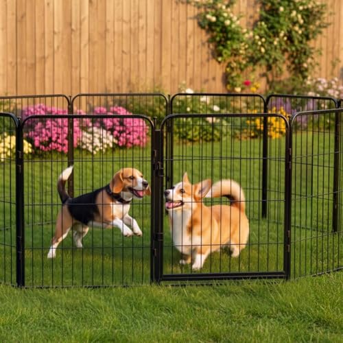 Dog Play Pen for Outdoor Use - 32'', 12 Panels for Small and Medium Size Dogs - Portable Playpen Kennel for RV, Camping, and Yard - Heavy Duty Pet Fence w/Black Rust Resistant Coating - size: 32 Inches