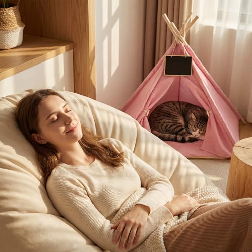 Dog & Cat Teepee Tents Indoor Pet Teepee Bed with Thick Cushion Portable Dog Houses Pink Cat Tents for Puppy & Pet(S: 15.5 x 15.5 x 21 Inch) - size: S: 15.5 x 15.5 x 21 Inch