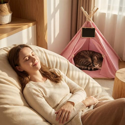 Dog & Cat Teepee Tents Indoor Pet Teepee Bed with Thick Cushion Portable Dog Houses Pink Cat Tents for Puppy & Pet(S: 15.5 x 15.5 x 21 Inch) - size: S: 15.5 x 15.5 x 21 Inch