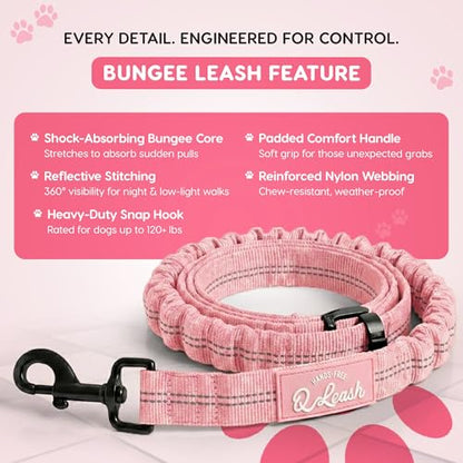Hands Free Dog Leash with Zipper Storage Pouch - Waist Belt Bungee Running, Walking & Hiking Leash - Padded Handle - Seat Belt Attachment - Reflective No Pull Control for Medium Large Dogs 10-120 lbs - color: Queens Pink