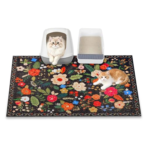 Cat Litter Mat, 35" x 23" Litter Box mat, Traps 100% Litter, Non-Slip Kitty Litter Trapping mats, Large Cute Litter mat, Easy Clean for Scatter Control, Bohe cat Food mat, Urine Waterproof - color: Black Garden, size: Large（35"x23"）