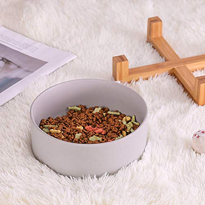 Ceramic Dog Bowl with Bamboo Stand - Large Dog Dish for Food and Water - Heavy Weighted, No Tip Over - 8.4" Diameter - Grey - color: Grey