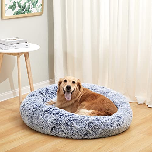 Bedfolks Calming Donut Dog Bed - 36 Inch Round Plush Beds for Large Dogs, Anti-Anxiety Machine Washable (Navy Blue, Large) - color: Navy Blue, size: 36.0"L x 36.0"W x 8.0"Th