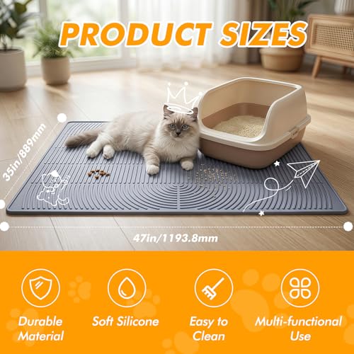 Extra Large Cat Litter Mat 47" x 35" Silicone Litter Trapping Mat for Scatter Control, Catcher for Kitty Litter, Non-Slip Waterproof Floor Protector, Easy to Clean, Gray