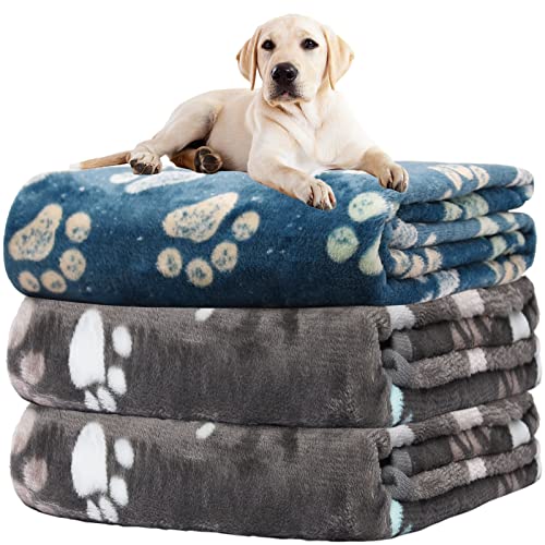 Rezutan Dog Blankets for Large Dogs, Premium Cat Flannel Blanket Washable, Soft Pet Throw Cover for Kennel Crate Bed, Cute Paw Pattern, 41x31 inch, 2Gray1Blue - color: Gray 2pack+ Blue 1pack, size: Large,41x31inch