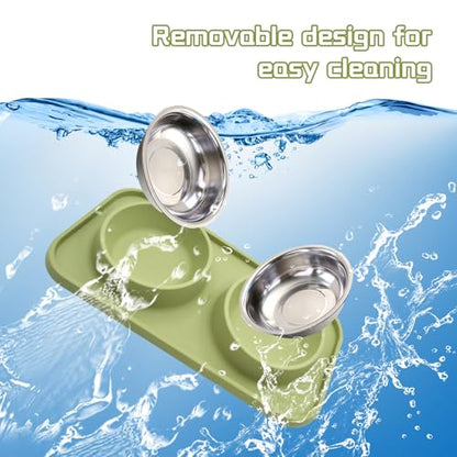 Double Dog Food Bowls Stainless Steel with No Spill Non Skid Silicone Mat Removable Dog Water and Food Bowls Set Durable Feeding for Small Dogs Puppy Cat Kitten(Green) - color: 【Green】