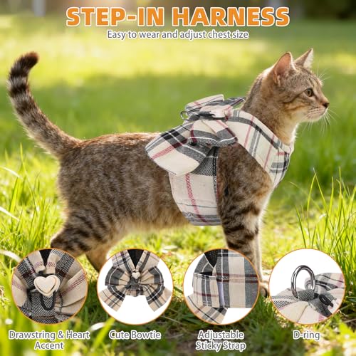 KOOLTAIL Cute Cat Harness and Leash Set with Bowtie, Small Dog Vest Harnesses, Step in No Pull Soft Mesh Padded Adjustable Plaid Pet Harness for Extra-Samll Medium Puppy Kitten, Boy Girl, Beige XS - color: Beige, size: XS (Chest Girth: 11.5"-12.8")