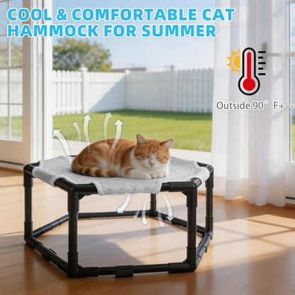 Elevated Cat Cooling Hammock Bed, Hexagonal Raised Cat Cot with Breathable Ice Beanie Fabric and Anti Slip Block, Cooling Pad Mat Indoor Outdoor Stable Pet Swing Bed for Small Puppy, Gery - color: Gray