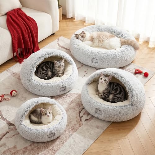 Hooded Dog Bed, Cat Cave Bed with Removable Hood, 2-in-1 Convertible Donut Cat Bed, All Season Fluffy Pet Bed for Cats Small Dogs (Cave Nest - Grey, Large Size 23.6 in) - color: Cave bed - Grey, size: 23.6 in Large size