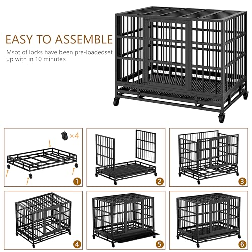 JY QAQA 48/38 Inch Heavy Duty Indestructible Dog Crate Double Doors Escape Proof Cage Kennel,Enhanced Metal Pet Cage,Extra Large XL XXL Crate Indoor for Large Dog with Removable Tray,Lockable Wheels - size: 48.8"x 29.9"x 35.6"(XL)