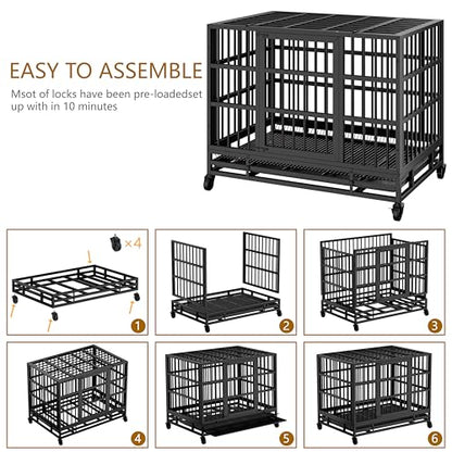 JY QAQA 48/38 Inch Heavy Duty Indestructible Dog Crate Double Doors Escape Proof Cage Kennel,Enhanced Metal Pet Cage,Extra Large XL XXL Crate Indoor for Large Dog with Removable Tray,Lockable Wheels - size: 48.8"x 29.9"x 35.6"(XL)