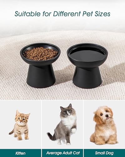 vancasso Ceramic Elevated Cat Bowls 2-Pack - 6.2" Extra Wide Raised Cat Food & Water Dishes, 5.1" Optimal Height Anti-Whisker Fatigue Shallow Bowls for Cats/Kittens/Dogs, Lead & Cadmium Free (Black) - color: Black