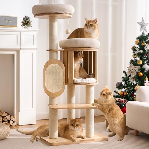 Modern Solid Wood Cat Tree for Indoor Cats Large Adult, 50in Tall Cat Tower with Sisal Scratching Posts, Cat Scratcher Cardboard, Cozy Cat Beds Cave Condo, Multi-Level Cat Furniture - color: Natural