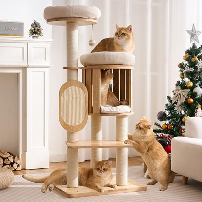 Modern Solid Wood Cat Tree for Indoor Cats Large Adult, 50in Tall Cat Tower with Sisal Scratching Posts, Cat Scratcher Cardboard, Cozy Cat Beds Cave Condo, Multi-Level Cat Furniture - color: Natural
