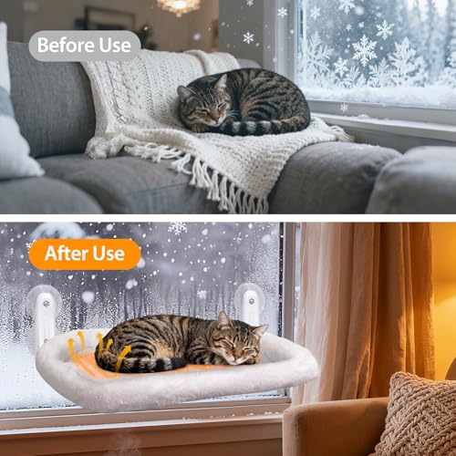 L&W BROS. 2PC Cat Heated Window Perches with Adjustable Thermostat & Timer – Dual Hammocks with Strong Suction Cups, Easy-to-Clean Warm Beds for Multi-Cat Homes, Holds Up to 50lbs Each (M 2PC)