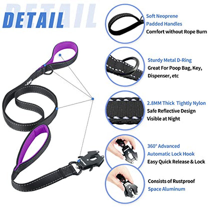 Strong Heavy Duty Dog Leash - 5ft Reflective Nylon Training Leash with Soft Padded Double Handle & Auto Lock Frog Clip - Safety Traffic Control for Large Medium Small Dog No Pull Walk Black Purple,5ft - color: Black Purple, size: 5FT x 1" x 2.8MM