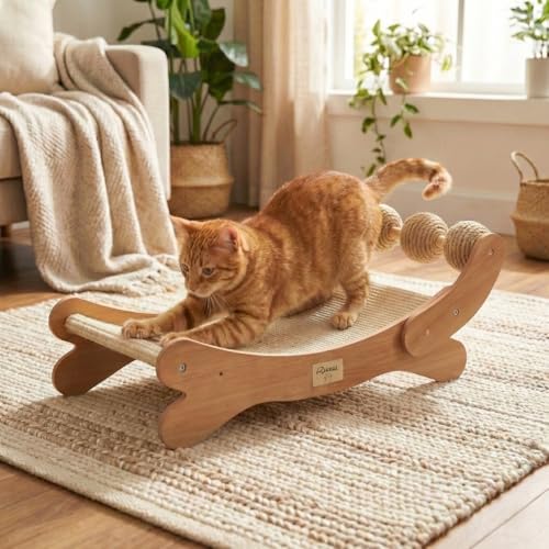 Sisal Cat Scratcher Bed with 3 Toy Balls for Indoor Cats, Durable Wooden 3-in-1 Hammock Lounge & Scratch Pad - Modern Furniture for Large Cats, Scratching Post Lounger - size: Extra Large