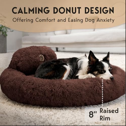 PetJett Dog Beds Large Sized Dog - 36'' Calming Round Bed, Anti-Slip & Washable Super Soft Donut Bed, Fluffy Faux Fur Anti-Anxiety Premium Comfort Pet Bed, Fits Dogs up to 80 lbs - Brown - color: Brown, size: Large - 36”L x 36”W x 8”Th