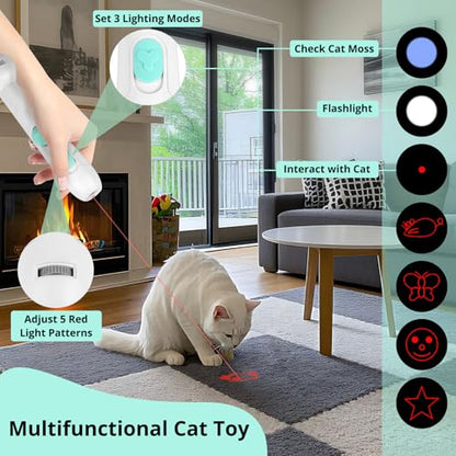 TBTeek Cat Toy, 2in1 Light and Retractable Pole with Feather, Rechargeable, Long Range 5 Modes, Interactive Toy for Indoor Cat Kitten Dog - size: 1pc red light with fish pole