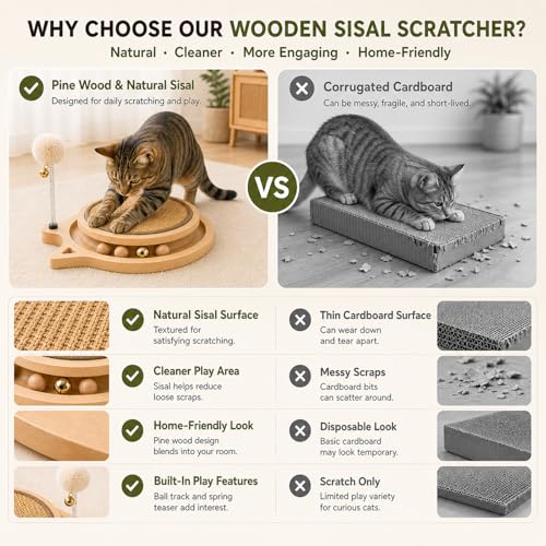 Cat Scratcher Board with Natural Sisal, Interactive Cat Track Toy with Spring Ball – Durable Kitten Scratching Pad for Indoor Cats, Kitty Wooden Cat Toy Stress Relief & Fun Exercise
