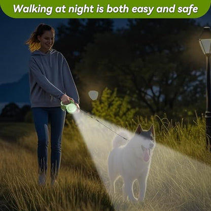 26ft Heavy Duty Retractable Dog Leash for Large Dogs, Dog Leash with Poop Bag Holder, Up to 100lbs, with LED Light, Chew Proof Cable, One-Handed Pause & Lock, 360° No Tangle. (Green, 26Ft) - color: Green
