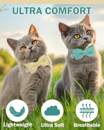 Cat Collar Breakaway with Bells, Soft Cotton Cat Bowtie Collar for Girl Boy Cats, Small Cats Collar with Bow for Spring Summer, 2 Pack Cute Kitten Collars with Removable Bowtie 8-12Inch - color: Green + Beige