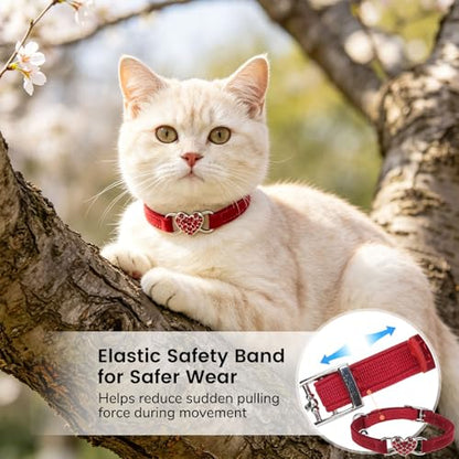 BINGPET Diamond Cat Collar,Adjustable Soft Velvet Leather Safe Kitten Collar with Crystal Heart Charm and Bells,Girl Boy Bling Stylish Cat Collars with Safety Elastic (Red, Neck Girth 8"-10" - color: Red(Heart), size: Neck Girth 8"-10"
