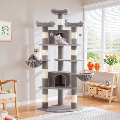 SHA CERLIN 73" Space-Saving Cat Tree/Multi-Level Tall Cat Tower with Perches/Scratching Posts/Condo & Hanging Baskets/Modern Fan-Shaped Design for Indoor Kitties/Pet Activity House/Grey - color: Grey