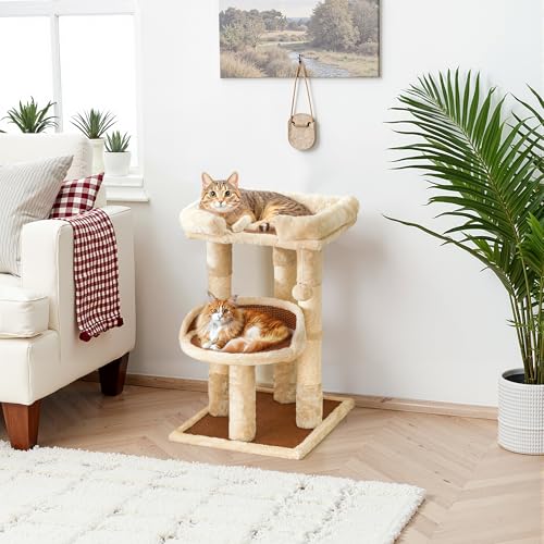 Fansafurn Multi-Level Cat Tree for Indoor Cats, Modern Cat Tower with Double Beds & Scratching Posts, 27in Cat Tree for Large Cats and Kitten, Small Cat Climbing Tower with Hanging Toys, Cream White - color: Beige