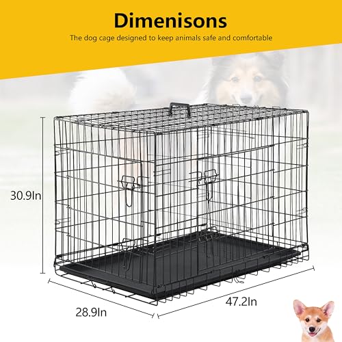 24/7 Shop at Home Gossamer Metal Double Door Folding Wire Pet Crate with Divider, Removable Tray, and Handle for Outdoor and Indoor Medium Dog, 48-inch, Black - size: 47.2"L x 28.9"W x 30.9"H