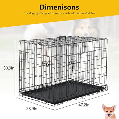 24/7 Shop at Home Gossamer Metal Double Door Folding Wire Pet Crate with Divider, Removable Tray, and Handle for Outdoor and Indoor Medium Dog, 48-inch, Black - size: 47.2"L x 28.9"W x 30.9"H