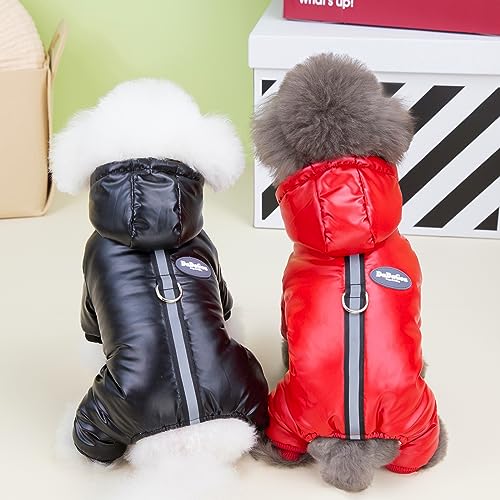 Izefia Dog Coat Windproof Jacket Cold Weather Coats 4 Legs Warm Jumpsuit Winter Thick Clothes Snow Proof Cotton Coat for Small Dog Medium Cat Black L - color: Black, size: Large (Back length: 10.6 inches)