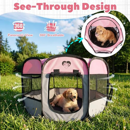 Foldable Puppy Playpen Indoor & Outdoor,Portable Small Dog & Kitten Playpen with Breathable Mesh,Easy Setup Pet Pen with Zipper Door & Carry Bag,Pop Up Puppy Playpen,Pink M - size: M