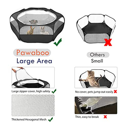 Pawaboo Small Animals Playpen, Waterproof Small Pet Cage Tent with Zippered Cover, Portable Outdoor Yard Fence with 3 Metal Rod for Kitten/Puppy/Guinea Pig/Rabbits/Hamster/Chinchillas, Black - color: H-Black